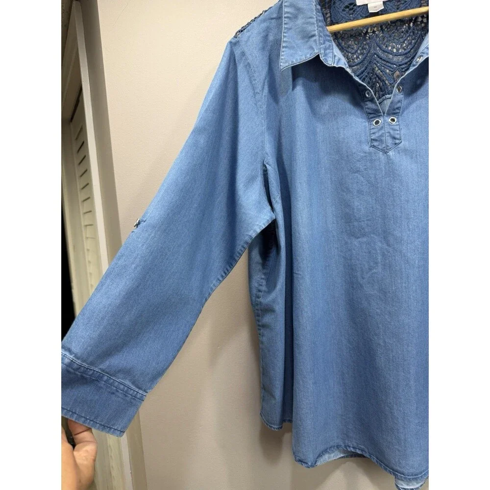CJ BANKS Womens Plus 2X Blue Denim 3/4 Sleeve Collared Tunic Blouse Back Lace - Picture 6 of 12